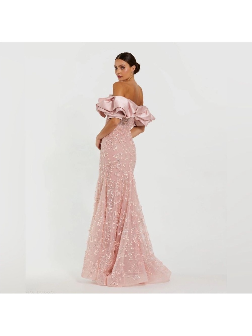Mac Duggal 21033 Pink Beaded Mermaid Gown With Off The Shoulder Ruffle